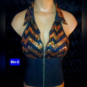 Ole, Ole Chevron Sequin Halter Crop Top with Front Zip
